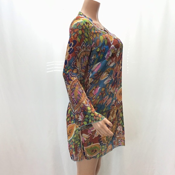 Sunflower Floral Sequin Neckline Long Sleeve Sheer Swimsuit Cover Up Size Small - Picture 4 of 9